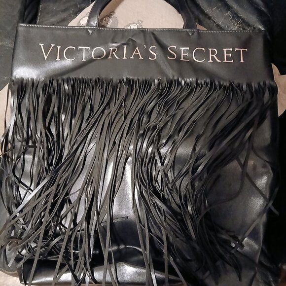 Victoria's Secret Logo Flirty Fringe Tote Bag Black Limited Edition - Picture 1 of 7